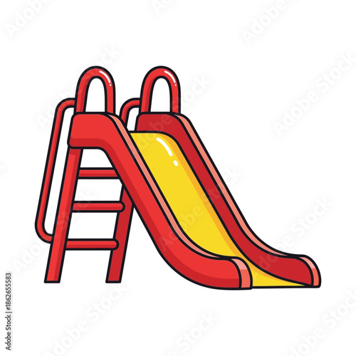 A brightly colored cartoon illustration of a red and yellow playground slide with a ladder perfect for children s playtime