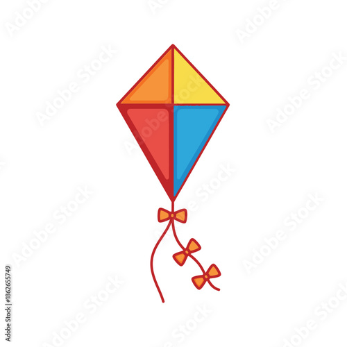 Free Download a colorful hand drawn illustration depicts a diamond shaped kite with red blue orange and yellow sections hanging from a string with bows - GFXLoad