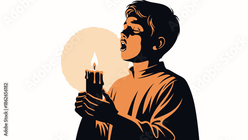 Young boy holding a lit candle with eyes closed in prayer or song.