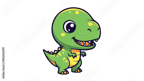 Adorable Cartoon Tyrannosaurus Rex Character with Big Eyes and a Cheerful Smile.