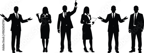 Business professionals silhouettes standing and presenting isolated on white background representing teamwork leadership communication corporate diversity success