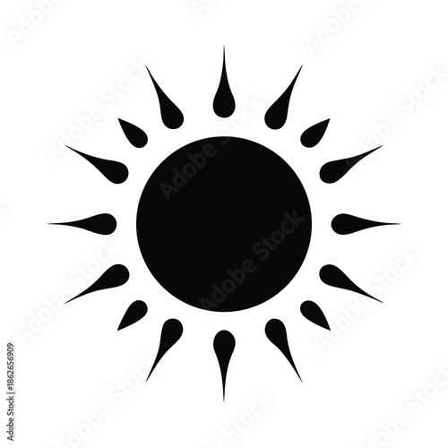 Graphic black sun with a circle and pointy raindrop shaped sunbeams