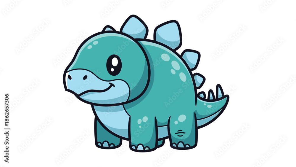 Fototapeta premium Adorable Cartoon Stegosaurus with Big Eyes and Blue Scales.