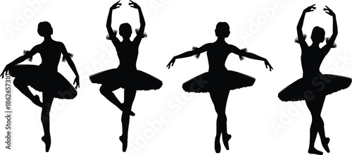 Ballet dancer silhouette set featuring elegant classical dance poses grace balance movement performance art vector illustration isolated