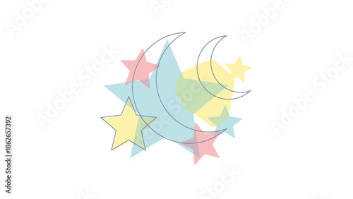 Colorful crescent moons and stars on white background