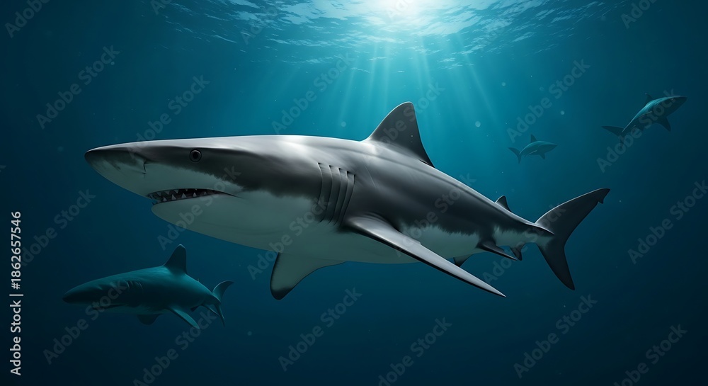 Fototapeta premium Gray shark swimming in deep ocean.