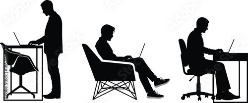 Remote work silhouette collection of professionals using laptops at desk and chair modern freelance home office vector illustration
