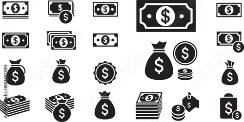 Collection of currency and money icons featuring bills and bags
