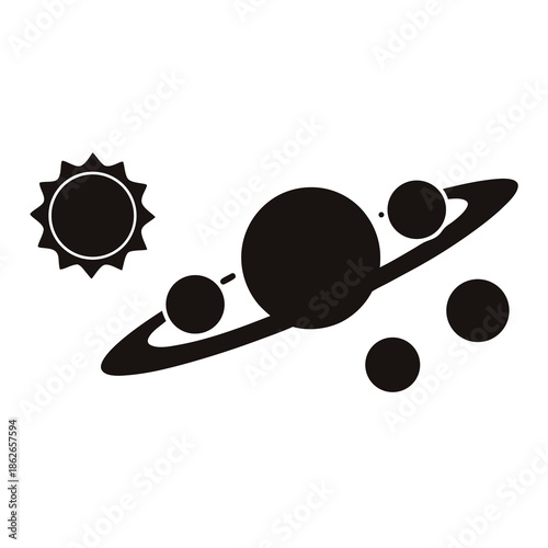 Stylized Black and White Solar System Illustration with Planets and Sun