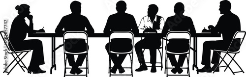 Business meeting silhouettes of diverse professionals discussing ideas at conference table teamwork collaboration corporate strategy vector illustration design concept isolated