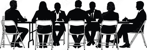 Corporate business meeting silhouette illustration showing professional team discussion collaboration leadership strategy at conference table vector design