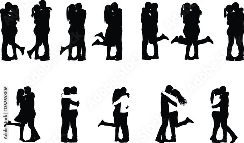 Romantic couples silhouette set of loving embracing kissing poses for wedding valentine engagement love relationship concept vector illustration collection isolated