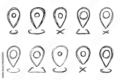 Set of hand drawn map pin Map marker pointer sign GPS and mapping tools Location pin symbol Pinpoint clipart in doodle style Single element for web, design