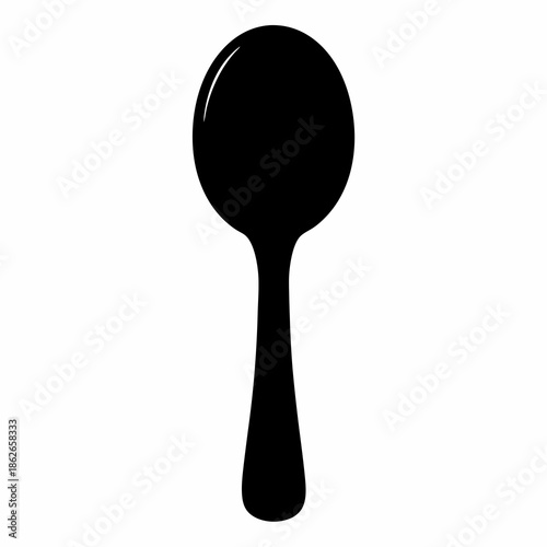 Monochrome illustration of a sleek black spoon silhouetted against a white background