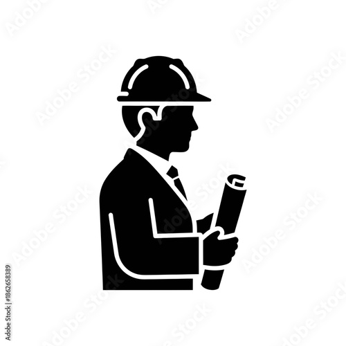Construction Engineer Silhouette Holding Blueprint – Architect Worker Vector Icon