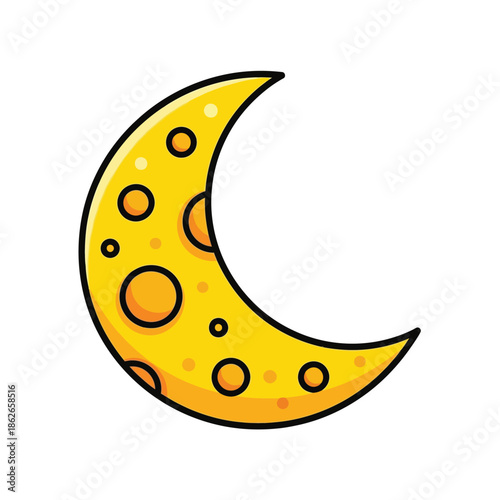 A cheerfully illustrated yellow crescent moon with several circular holes and a bold black outline stands out on a plain white background