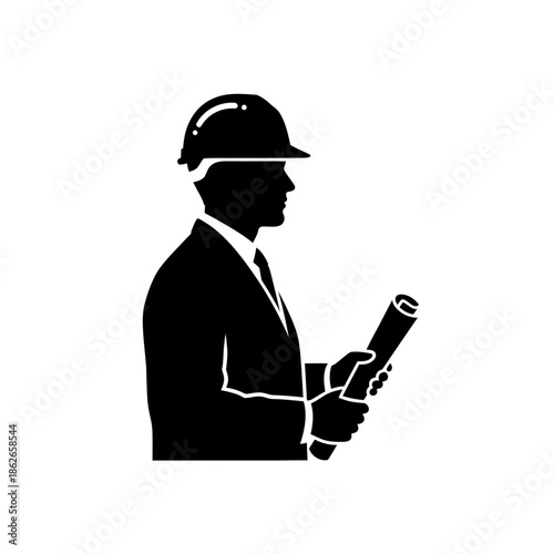 Construction Engineer Silhouette Holding Blueprint – Architect Worker Vector Icon