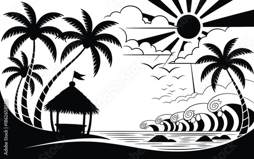 Black and white tropical beach scene with palm trees and hut