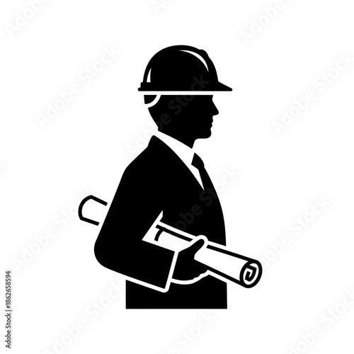 Construction Engineer Silhouette Holding Blueprint – Architect Worker Vector Icon