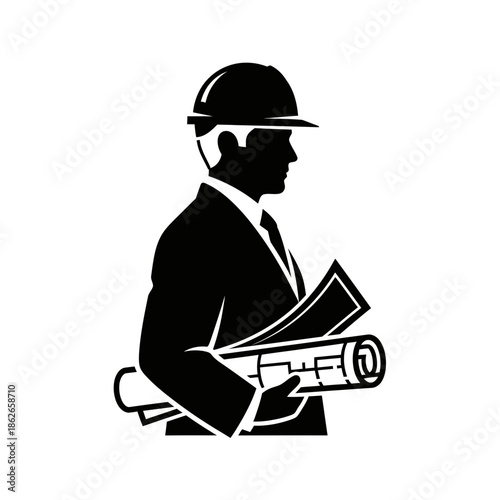 Construction Engineer Silhouette Holding Blueprint – Architect Worker Vector Icon