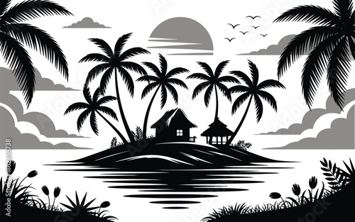 Black and white illustration of a tropical island with palm trees and huts by the sea at sunset