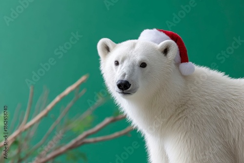a cute polar bear wearing a santa hat on a green background