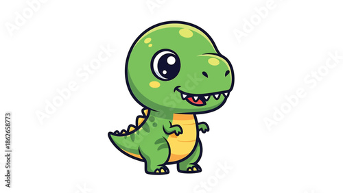 Adorable Cartoon Tyrannosaurus Rex Illustration with Big Eyes and a Friendly Smile.
