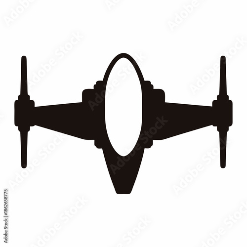 Black silhouette illustration of a science fiction spaceship or advanced airplane