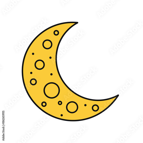 a cheerfully illustrated yellow crescent moon with several circular holes throughout its surface depicted against a plain white background