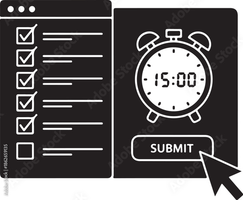 A black and white illustration of a checklist and a timer