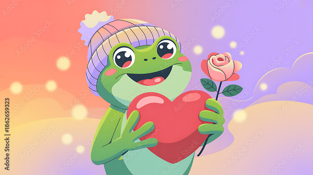 Obraz premium a cheerful green frog wearing a striped hat lovingly holds a red heart and a pink rose radiating joy and