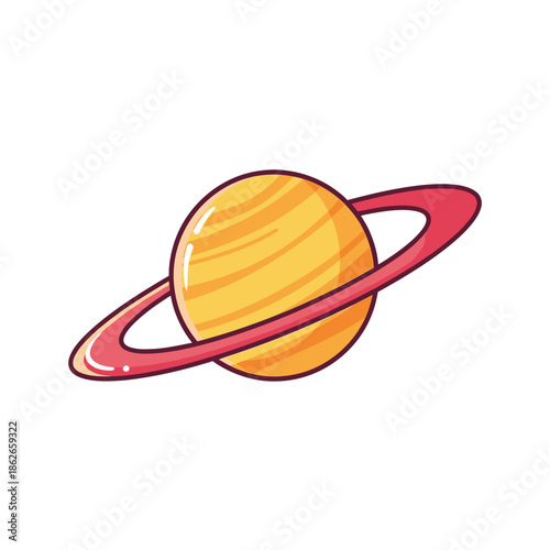 a vibrant illustration depicts a cartoon saturn showcasing its golden hues and prominent red rings against a white backdrop
