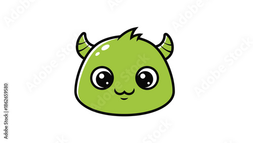 Adorable Green Monster Head with Horns and Big Eyes.