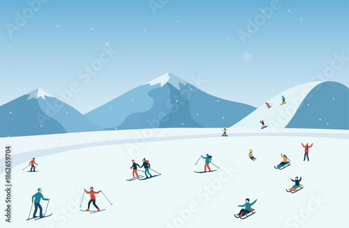 賑やかな冬のスキー場と雪山の風景イラスト_ウィンタースポーツを楽しむ手描きの人々