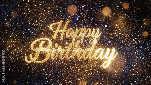 Elegant golden 3d text happy birthday celebration greeting card design with sparkling glitter and bokeh effect on dark background