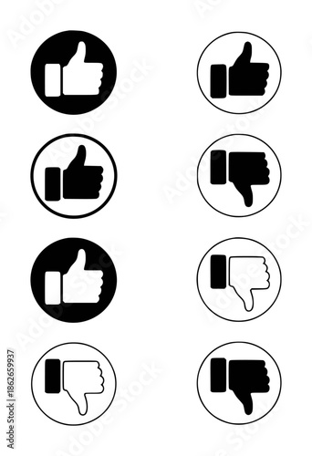 Collection of black and white thumbs up and thumbs down in circles like dislike