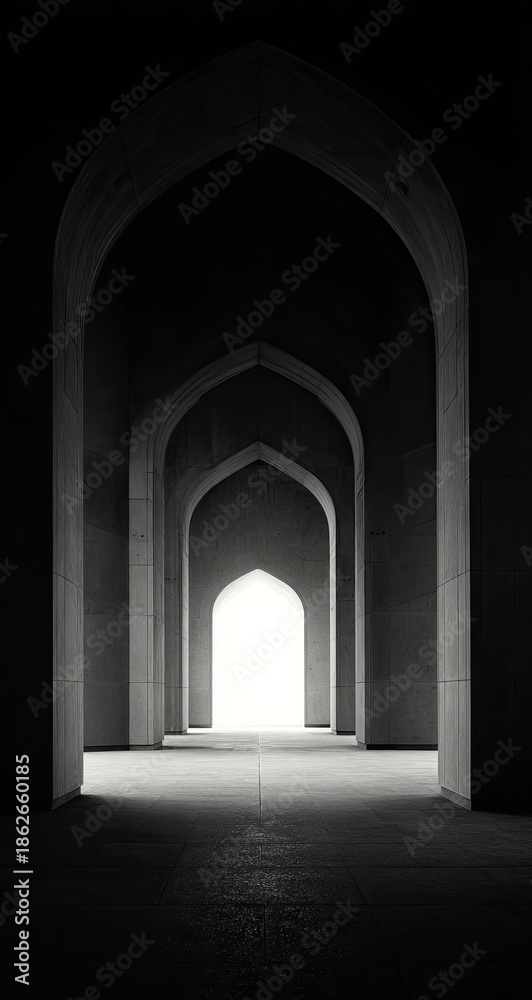 Obraz premium A black and white path of arches leading to light
