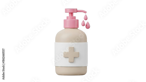Hand Sanitizer Bottle with Pink Pump and Medical Cross Icon