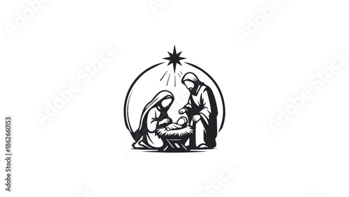 NATIVITY SCENE IN BLACK AND WHITE LOGO ICON VECTOR , Baby jesus and three kings Minimalist stencil. Vector illustration design, Bethlehem birth of jesus, Christmas Clipart, Christ savior is born