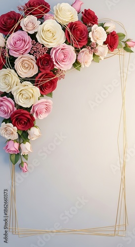 Floral corner frame with roses and gold geometric design on grey background