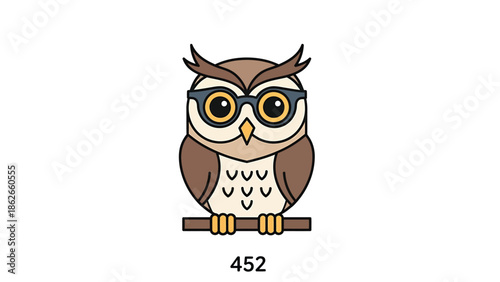 Wise owl wearing glasses perched on a wooden branch, looking smart.