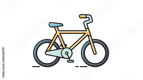 Yellow bicycle with black wheels and a blue seat, perfect for outdoor adventures and exercise.