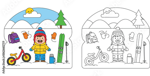Cute Winter Kid with Sports Gear Coloring Page - Outline and Colored Versions for Educational Activities