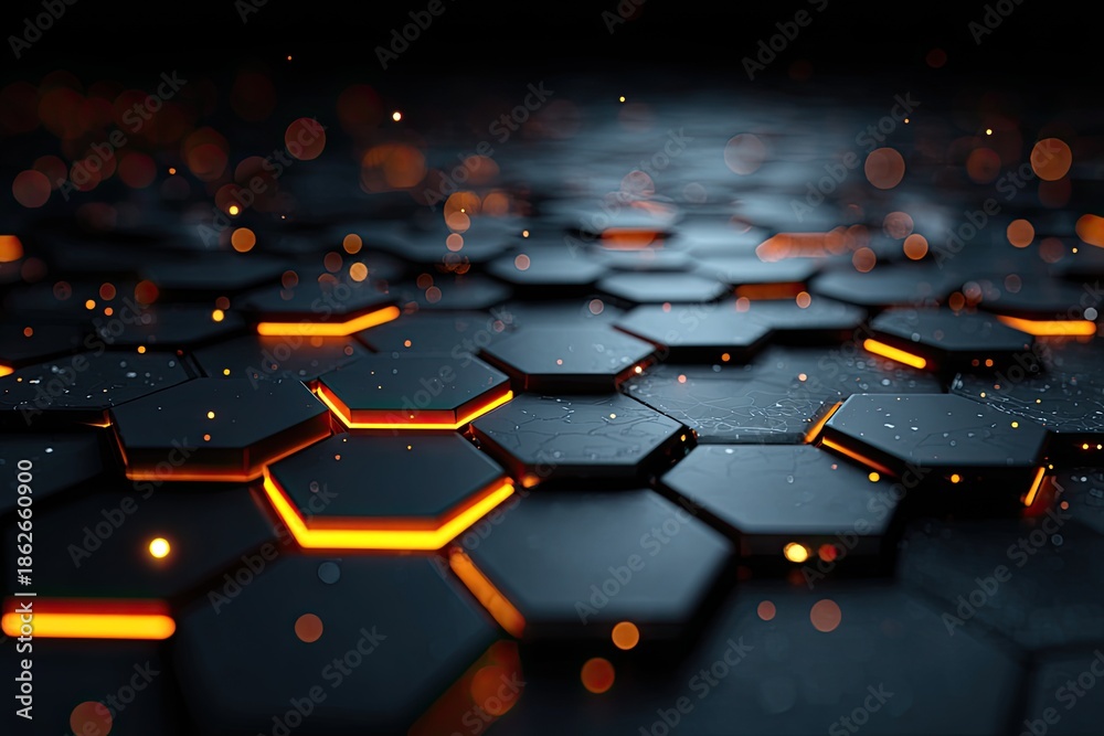 Fototapeta premium Abstract hexagonal grid with glowing orange lines