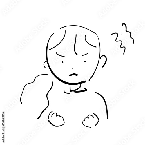 怒った表情で拳を握る女性の線画イラスト