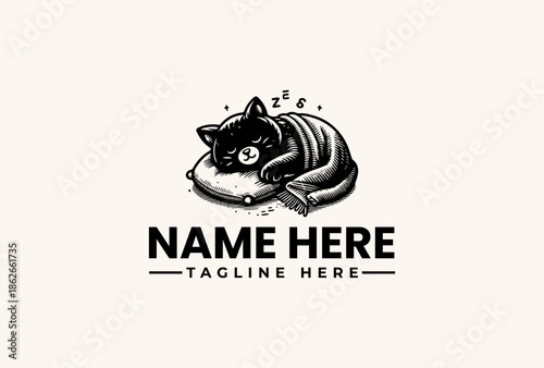 A black cat curled up in a circular logo design with placeholder text on a plain beige background, featuring illustration and icon elements.