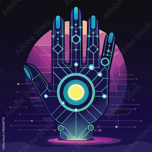 Futuristic robotic hand with glowing neon circuit patterns and digital palm AI concept