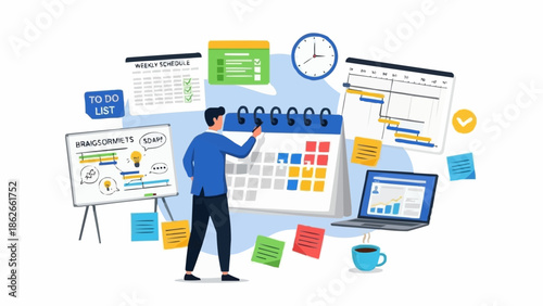 Man planning schedule on calendar with laptop and sticky notes.