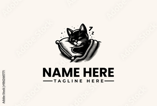 A black cat sleeps on a book with a zzz expression, surrounded by a minimalist logo design with placeholder text on a beige background.