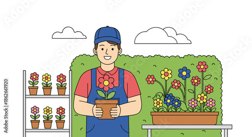 Smiling male florist or gardener in overalls and a cap, proudly holding a potted flower in his vibrant flower shop or greenhouse.